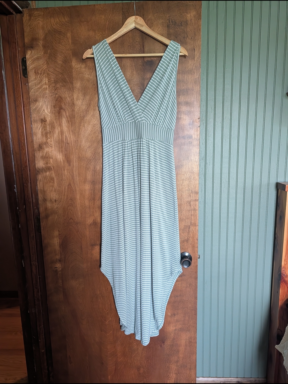 Striped V-Neck Sleeveless Maxi Dress in Sage and White